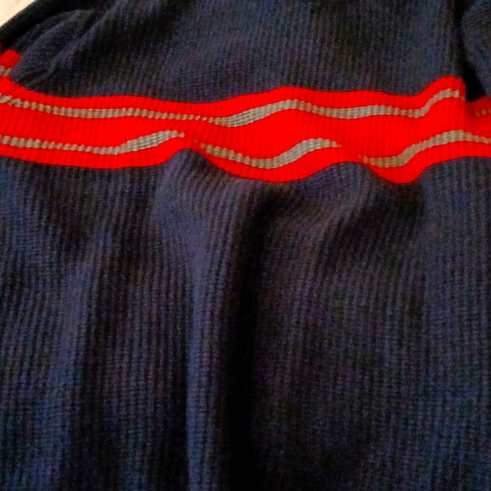 Mens sweater blue with red and gray stripes rugby style size xl crewneck